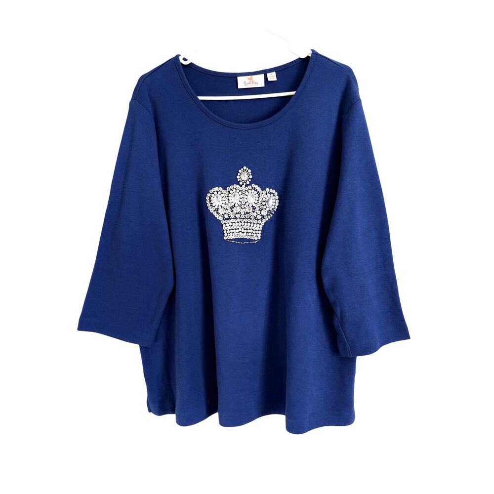 Quacker Factory Blue Rhinestone Crown 3/4 Sleeve Top Cotton 1X Royalty